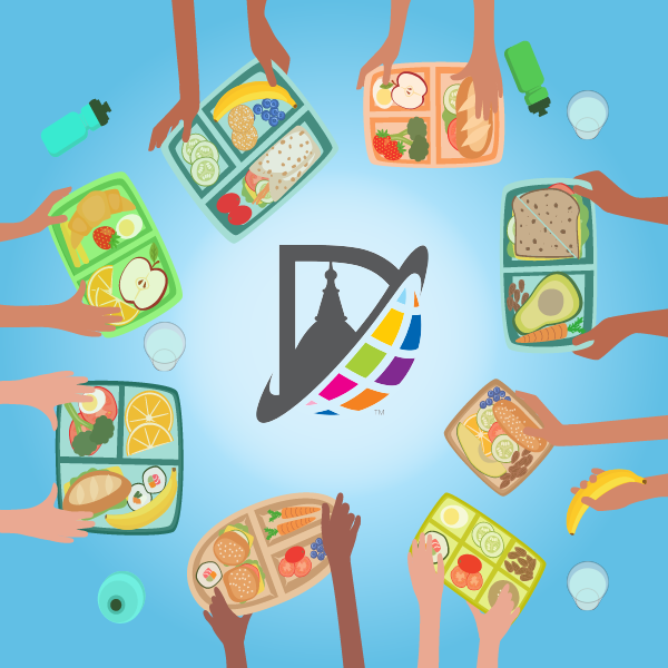 Students reaching for meals, denton isd logo